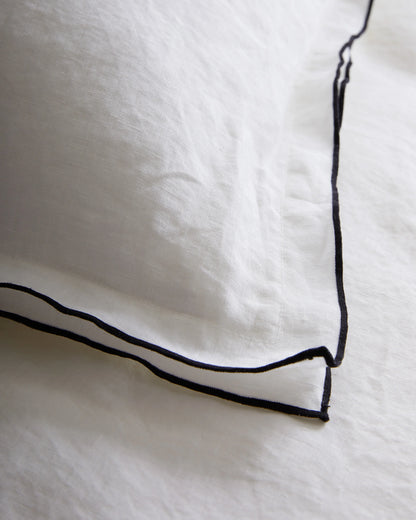 European Linen Double Embroidered Edge Sham Set - Standard / White with Black Embroidery