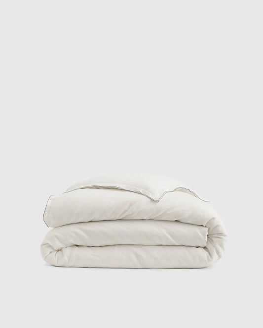 European Linen Double Embroidered Edge Duvet Cover - Twin / White with Black Embroidery