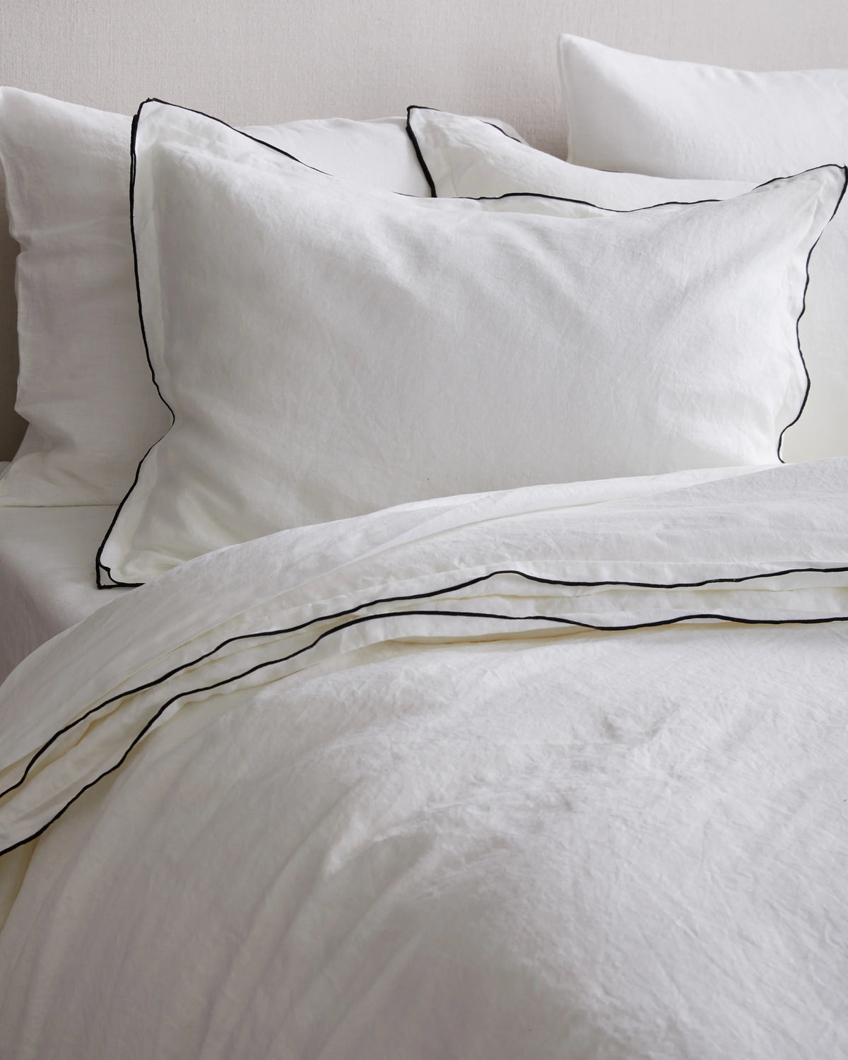 European Linen Double Embroidered Edge Sham Set - Standard / White with Black Embroidery