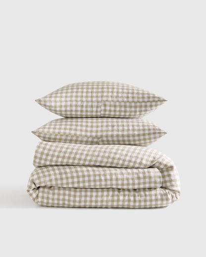 European Linen Gingham Duvet Cover Set - Twin / Blue Fog