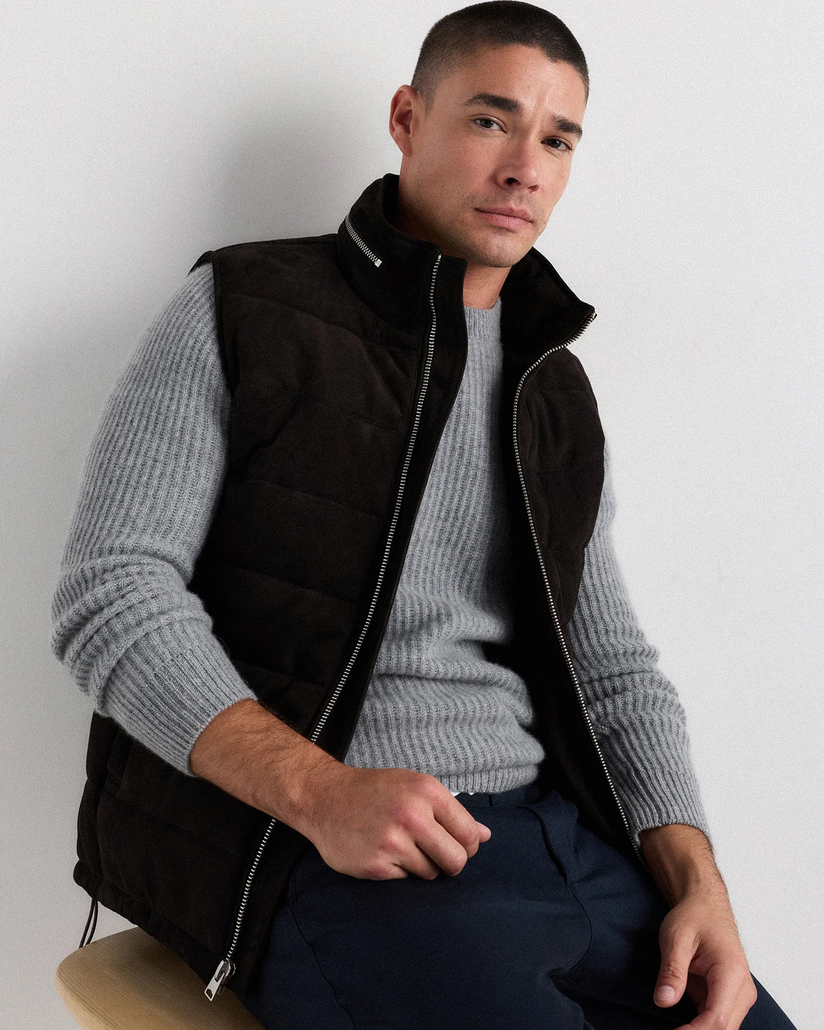 100% Suede Puffer Vest - S / Charcoal Black
