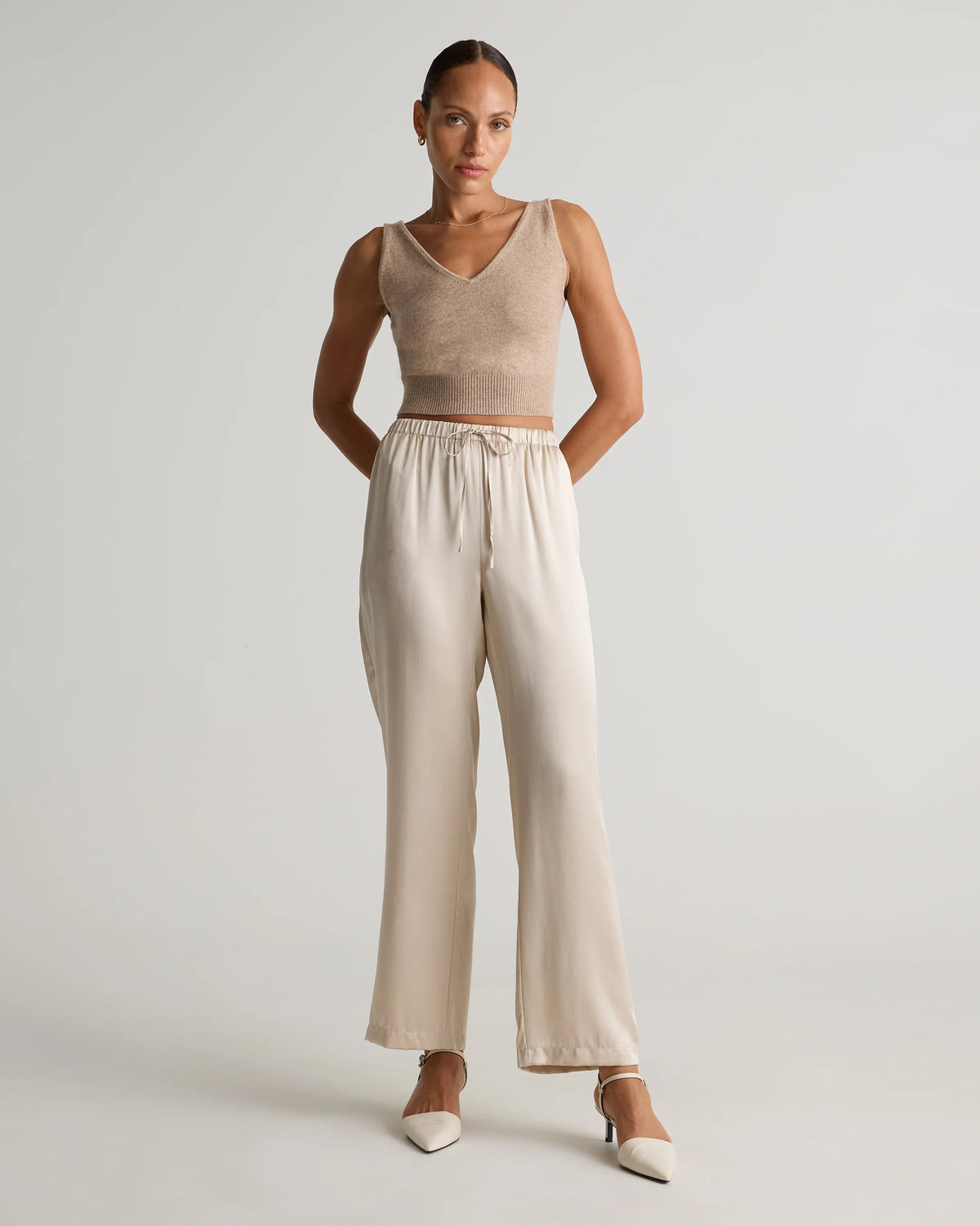 100% Washable Silk Drawstring Wide Leg Pants - XS / Champagne