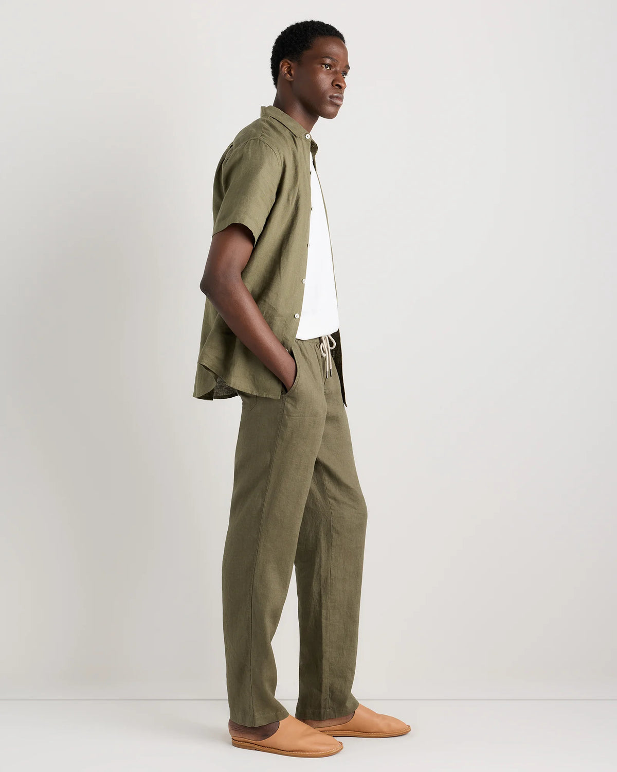 100% European Linen Drawstring Beach Pants - XS / Taupe Brown Chambray