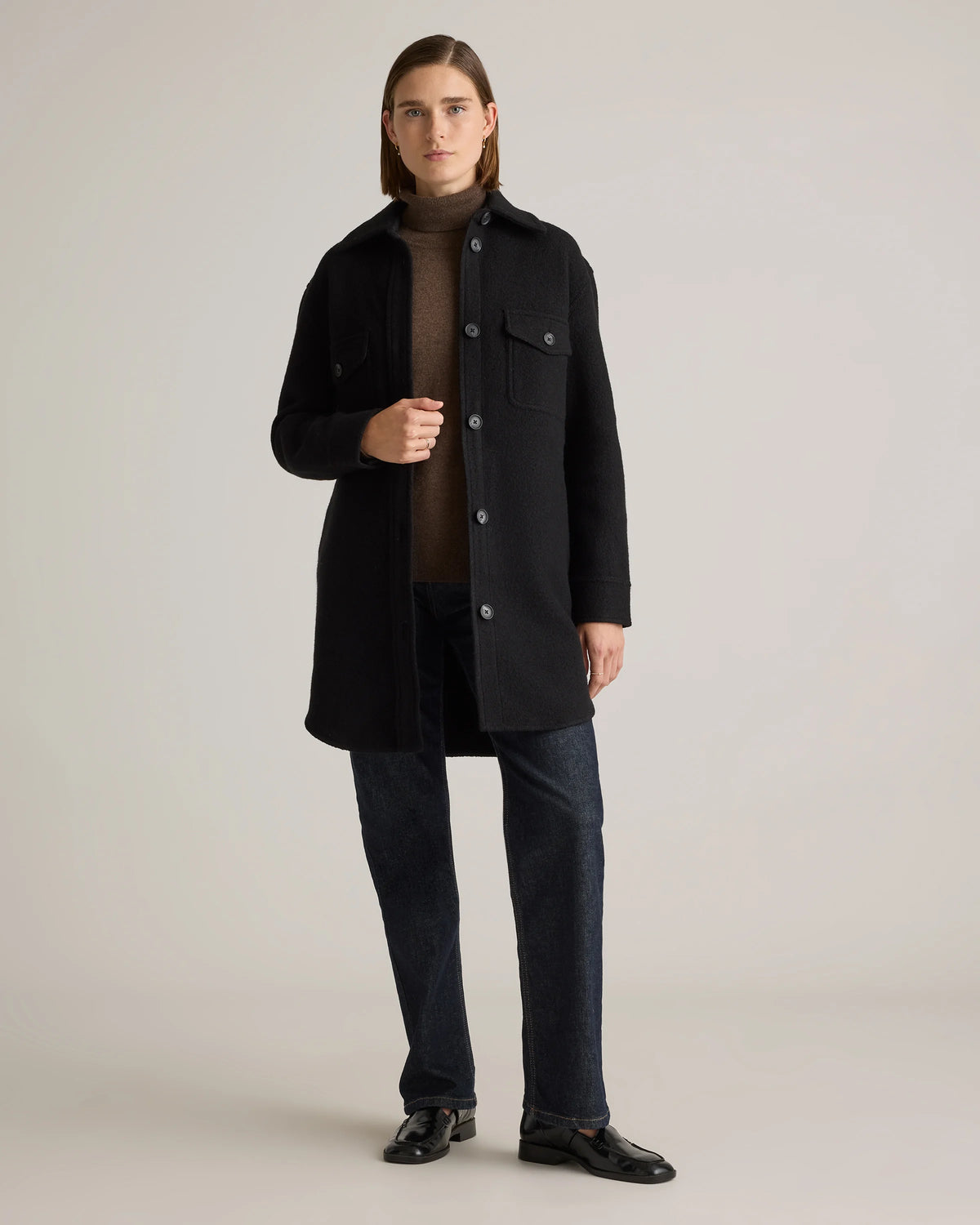100% Merino Wool Long Shirt Jacket - XS / Heather Bone