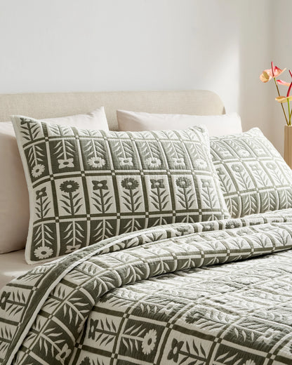 Organic Cotton Jacquard Floral Coverlet Set - Twin / Blue Fog
