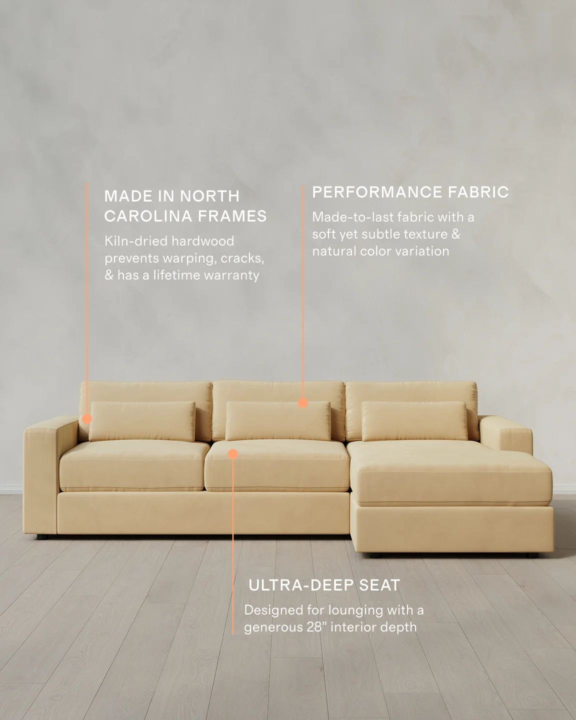 Ashford Deep Seat Chaise Sectional in Performance Velvet - 119" Right Arm / Rust