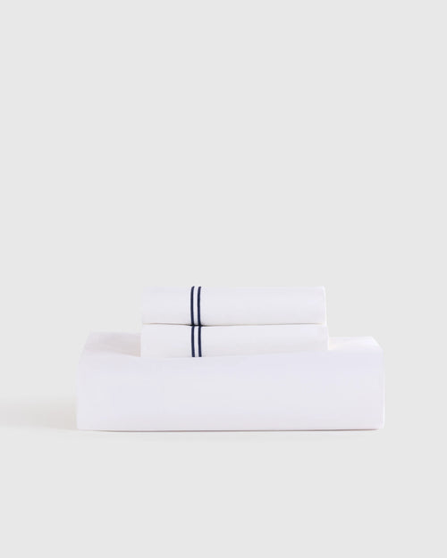 Organic Crisp Percale Embellished Fitted Sheet Set - Twin / White/Navy