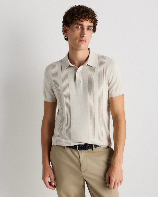 Cotton-Silk Ribbed Short Sleeve Sweater Polo - S / Speckled Beige