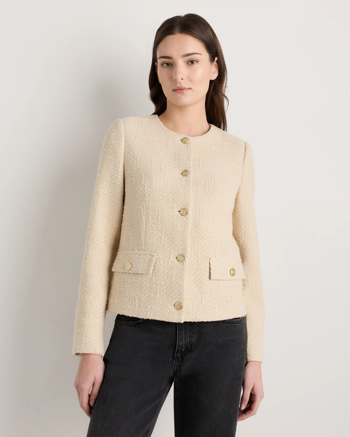 Tweed Collarless Jacket - XS / Deep Navy