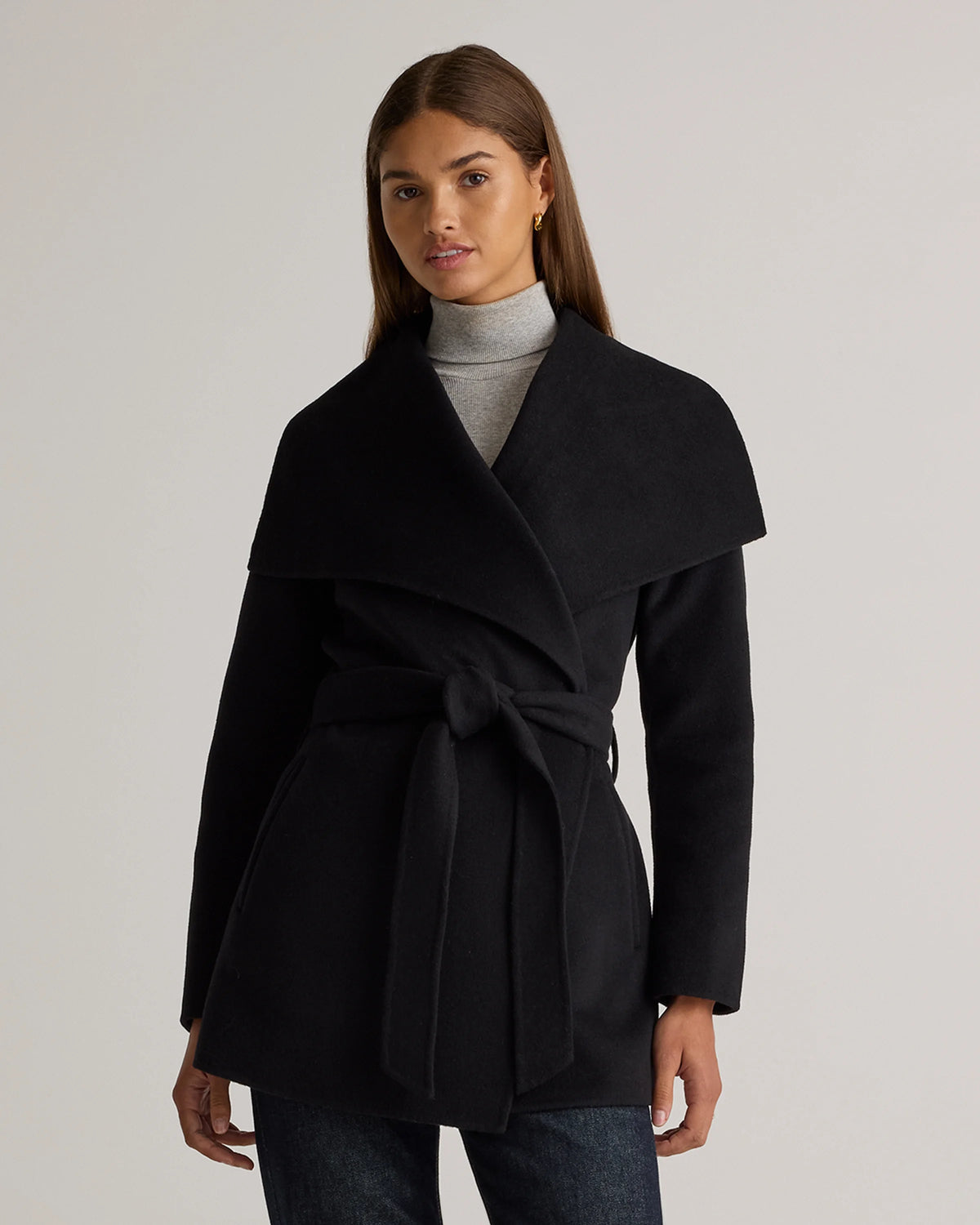 Double-Faced Merino Wool Draped Collar Short Wrap Coat - XS / Cocoa Melange