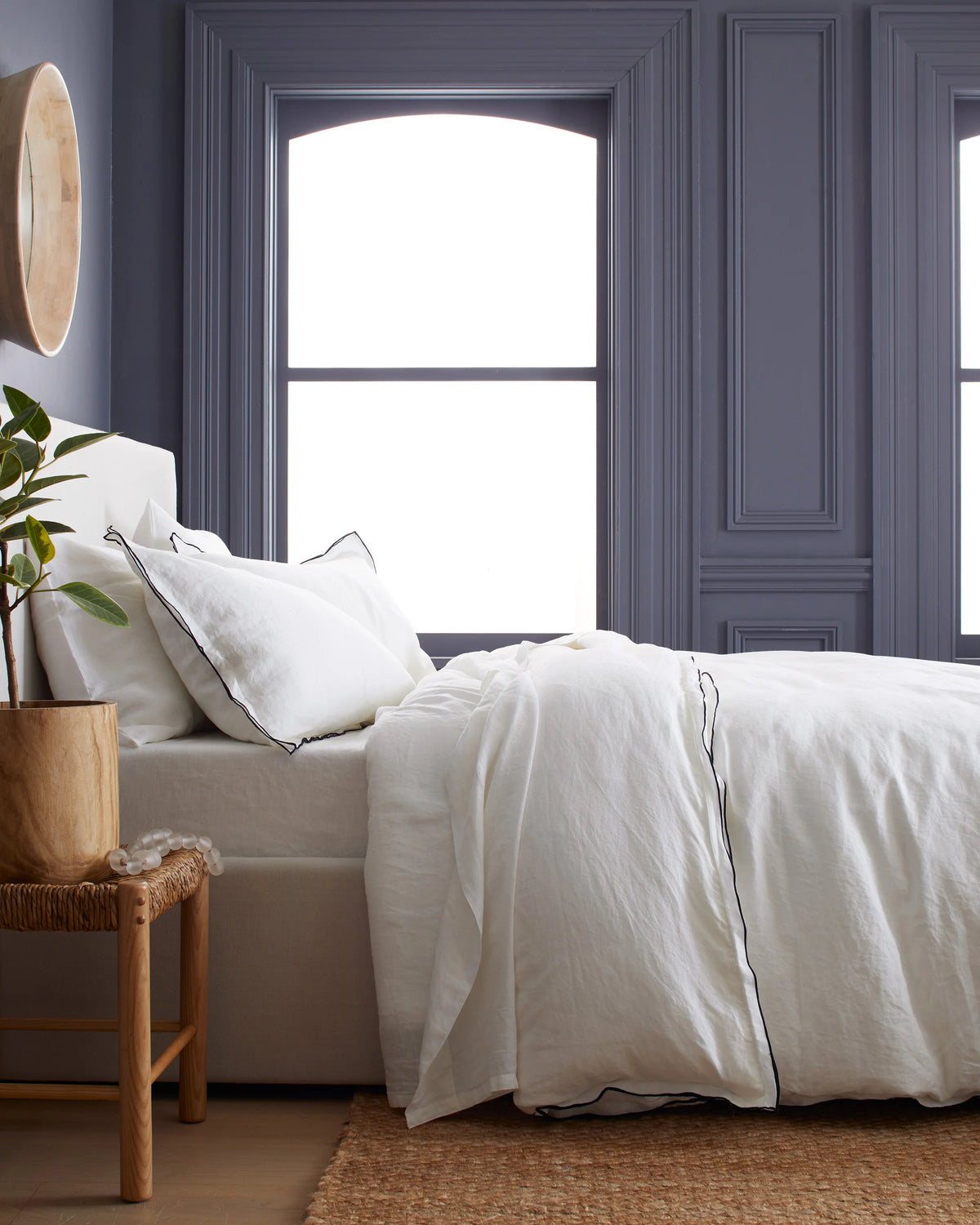 European Linen Double Embroidered Edge Duvet Cover Set - Twin / Sand with Terracotta Embroidery