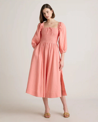 100% Organic Cotton Gauze Smocked Square Neck Midi Dress