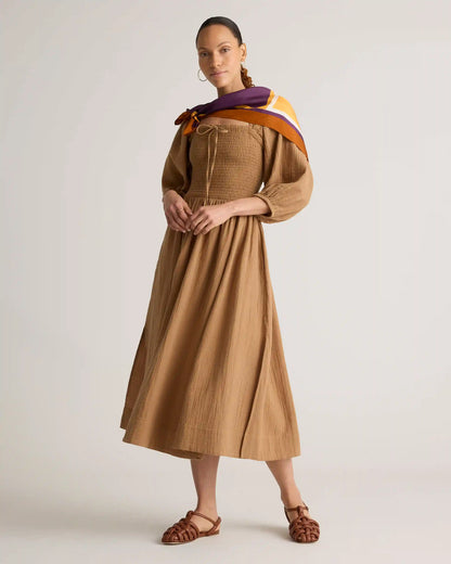 100% Organic Cotton Gauze Smocked Square Neck Midi Dress