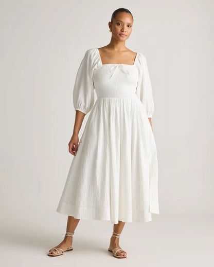 100% Organic Cotton Gauze Smocked Square Neck Midi Dress