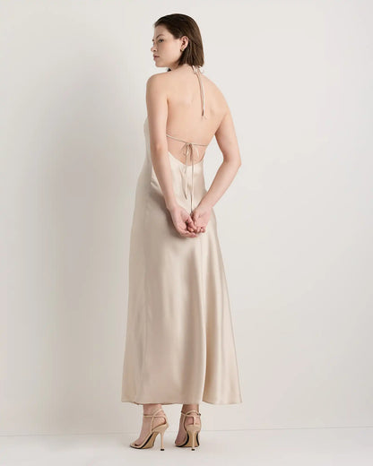 100% Washable Silk Halter Maxi Dress