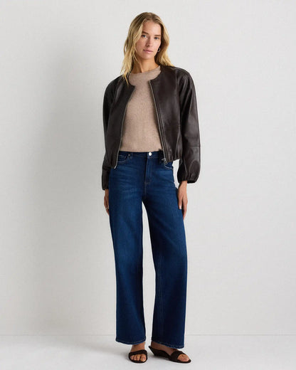 100% Leather Collarless Cropped Bubble Hem Jacket