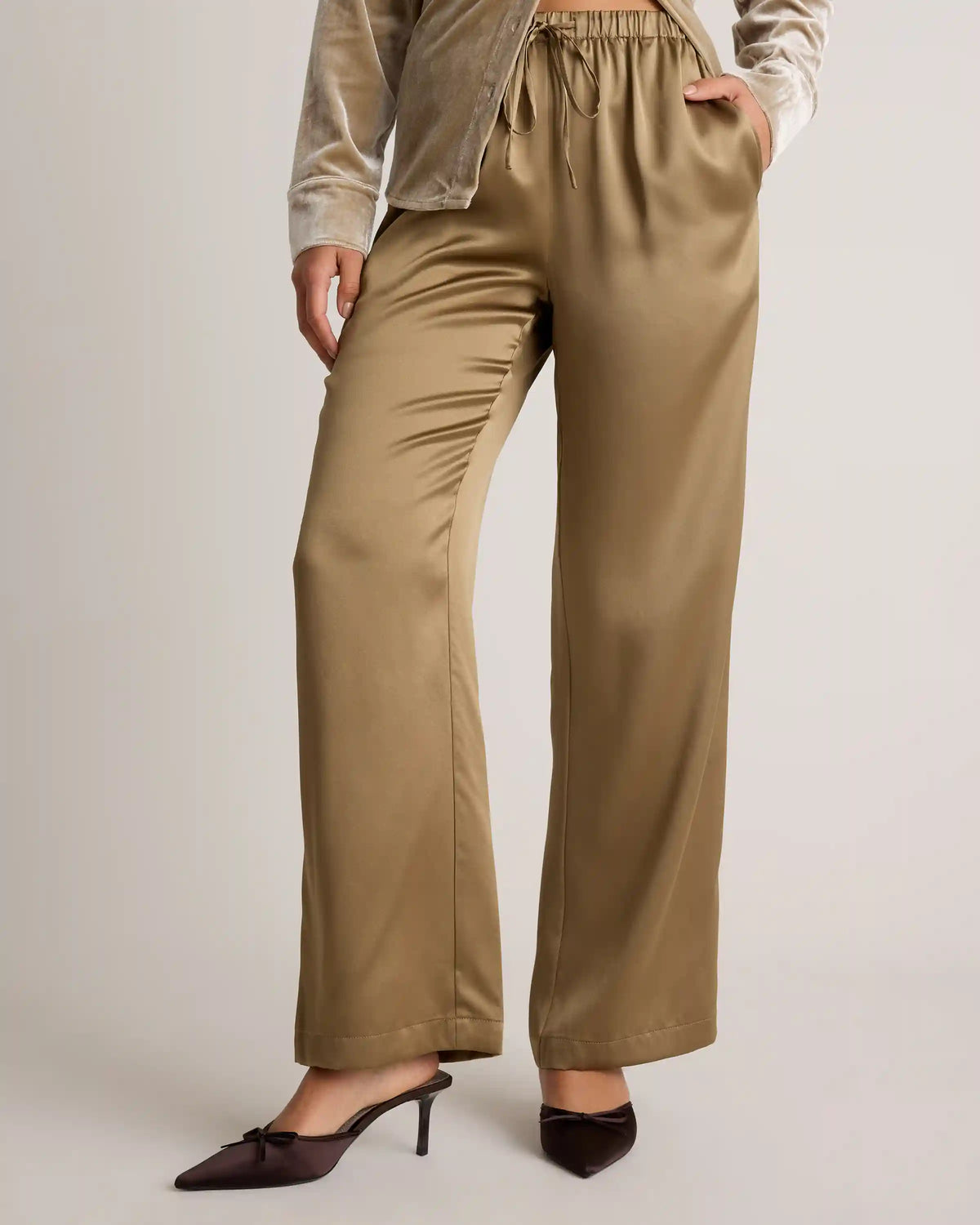 100% Washable Silk Drawstring Wide Leg Pants