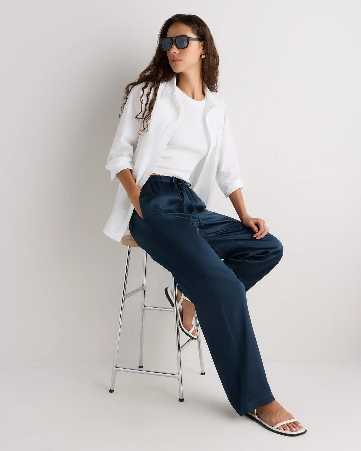 100% Washable Silk Drawstring Wide Leg Pants