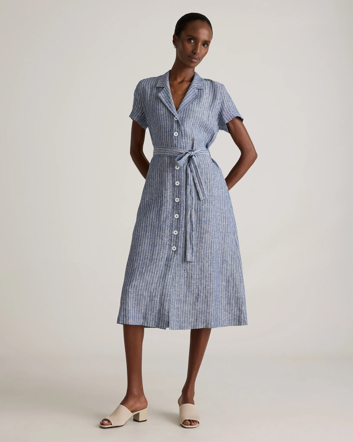 100% European Linen Button Front Dress - XS / Sky Blue Mariner Stripe