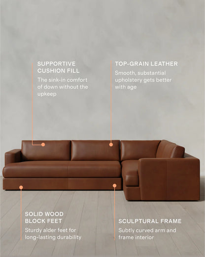 Sierra Curved Arm L Sectional in Leather - Right Arm / Auburn
