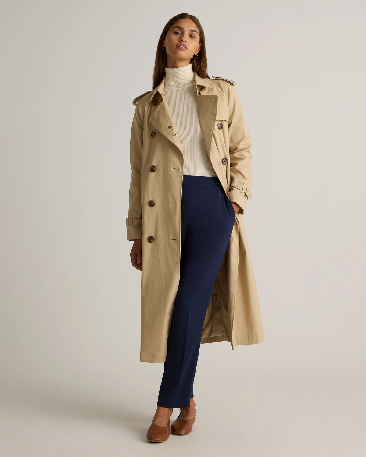 Comfort Stretch Long Trench Coat - XS / Dark Khaki