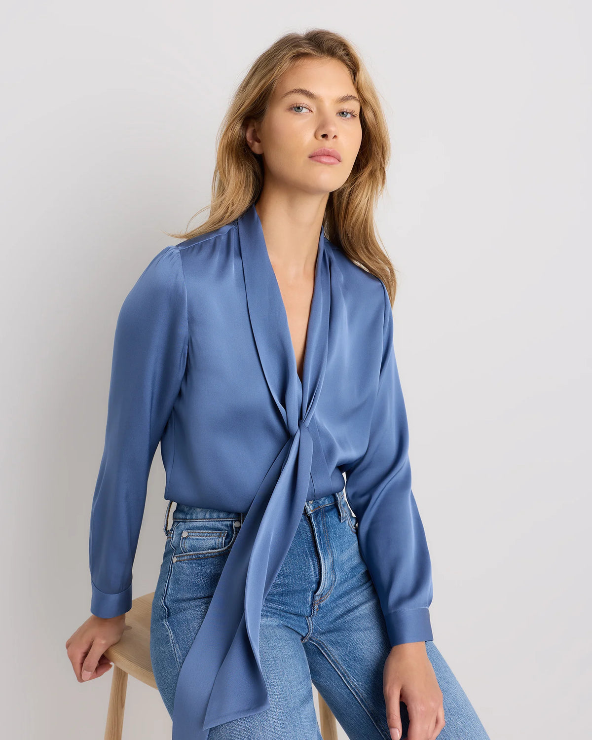 Washable Stretch Silk Tie Neck Blouse - XS / Moonstone Blue