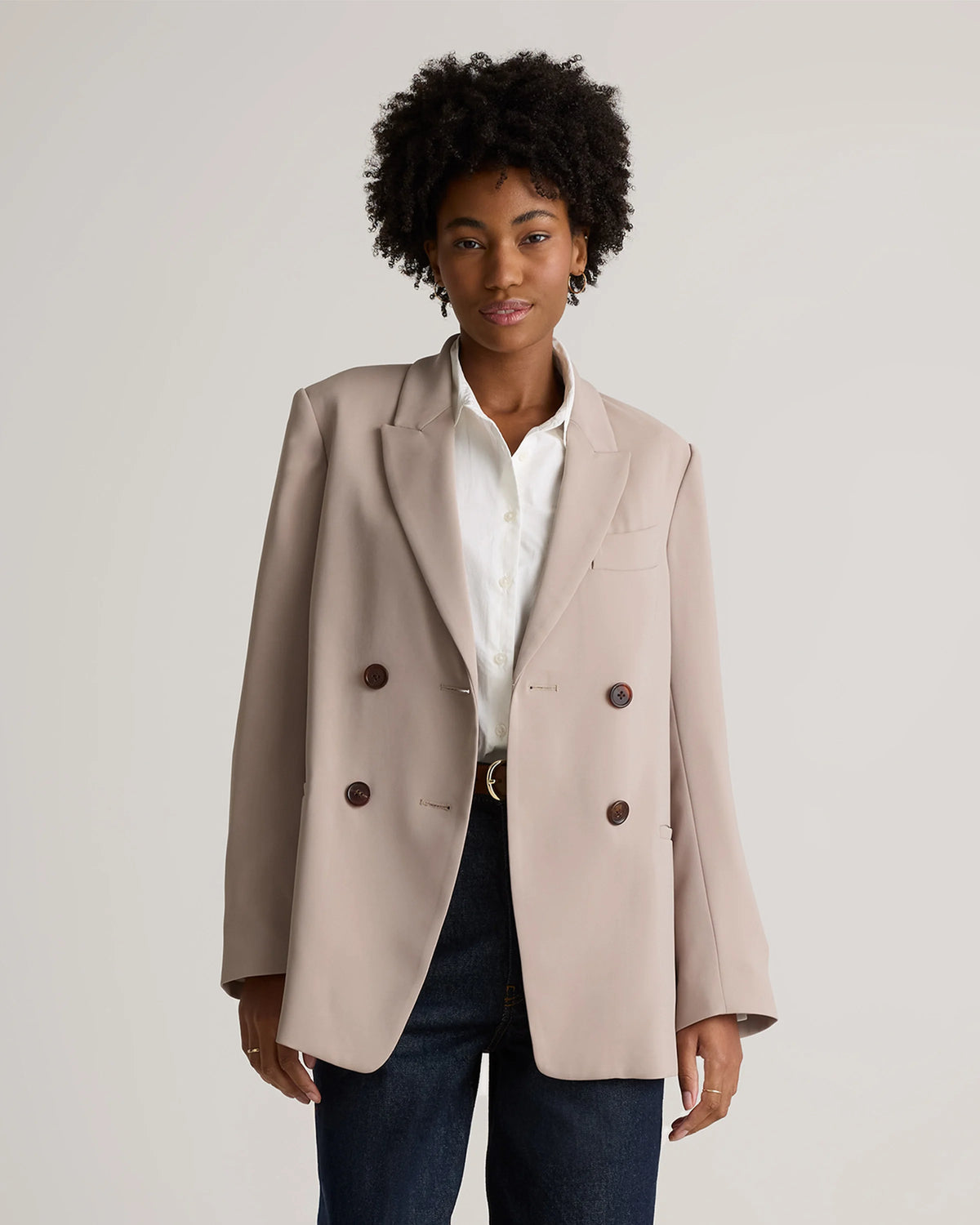 Stretch Crepe Relaxed Double-Breasted Blazer - XS / Sand