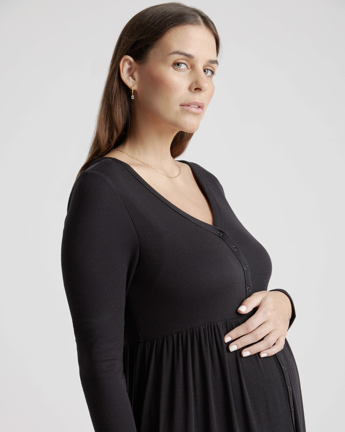 Tencel Rib Maternity & Nursing Button Front Dress - XS / Black