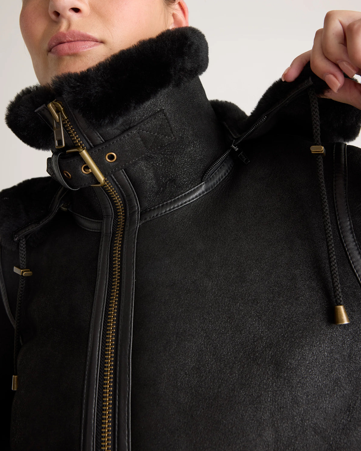 100% Shearling Cold Weather Bomber Jacket - XS / Black