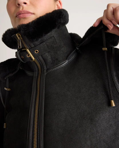 100% Shearling Cold Weather Bomber Jacket - XS / Black