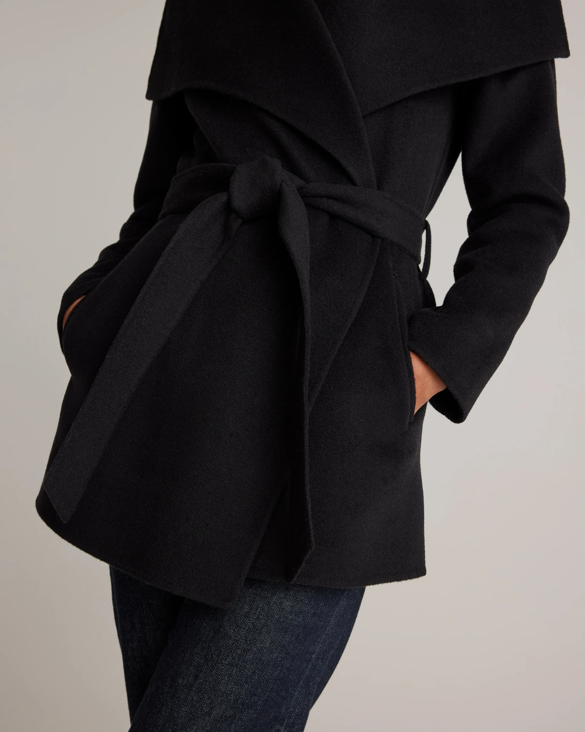 Double-Faced Merino Wool Draped Collar Short Wrap Coat - XS / Cocoa Melange
