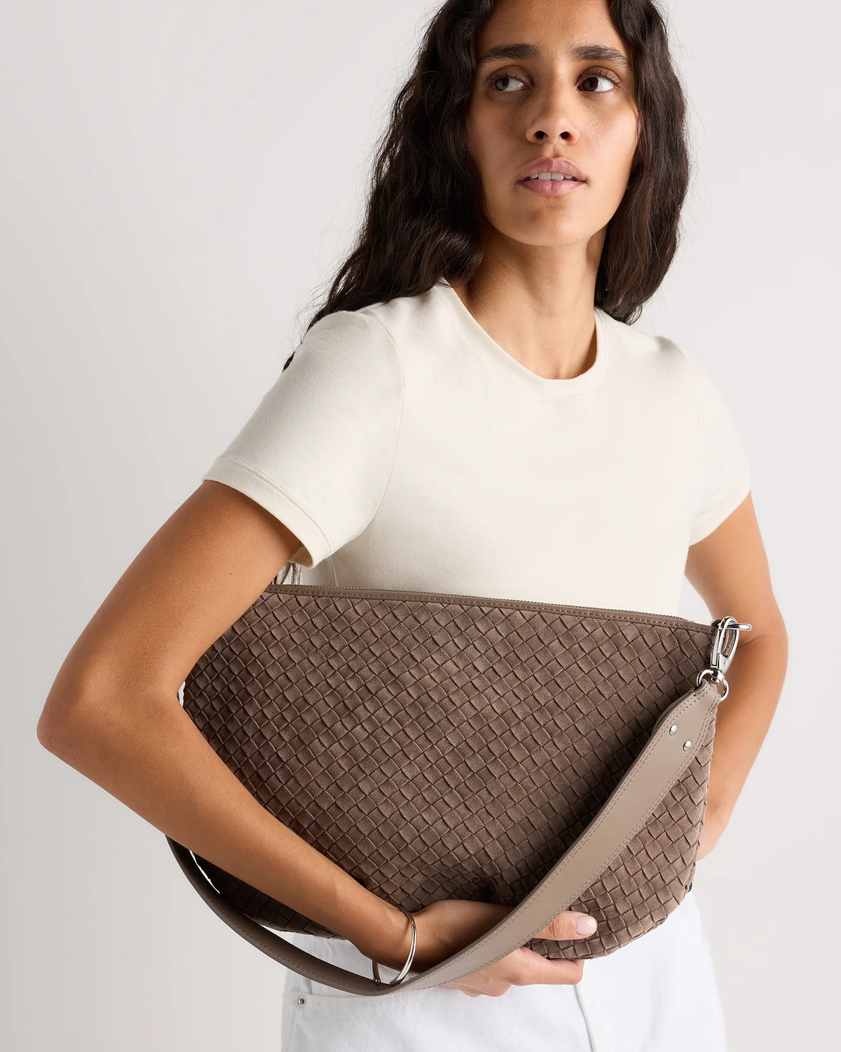 Sloane Suede Handwoven Shoulder Bag - One Size / Sand