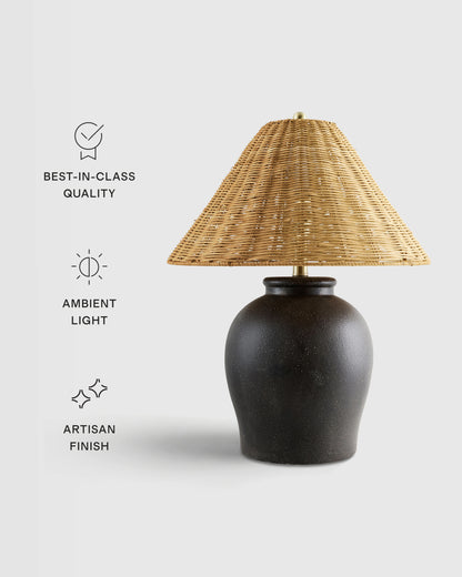 Artisan Ceramic Table Lamp with Rattan Shade - One Size / Black