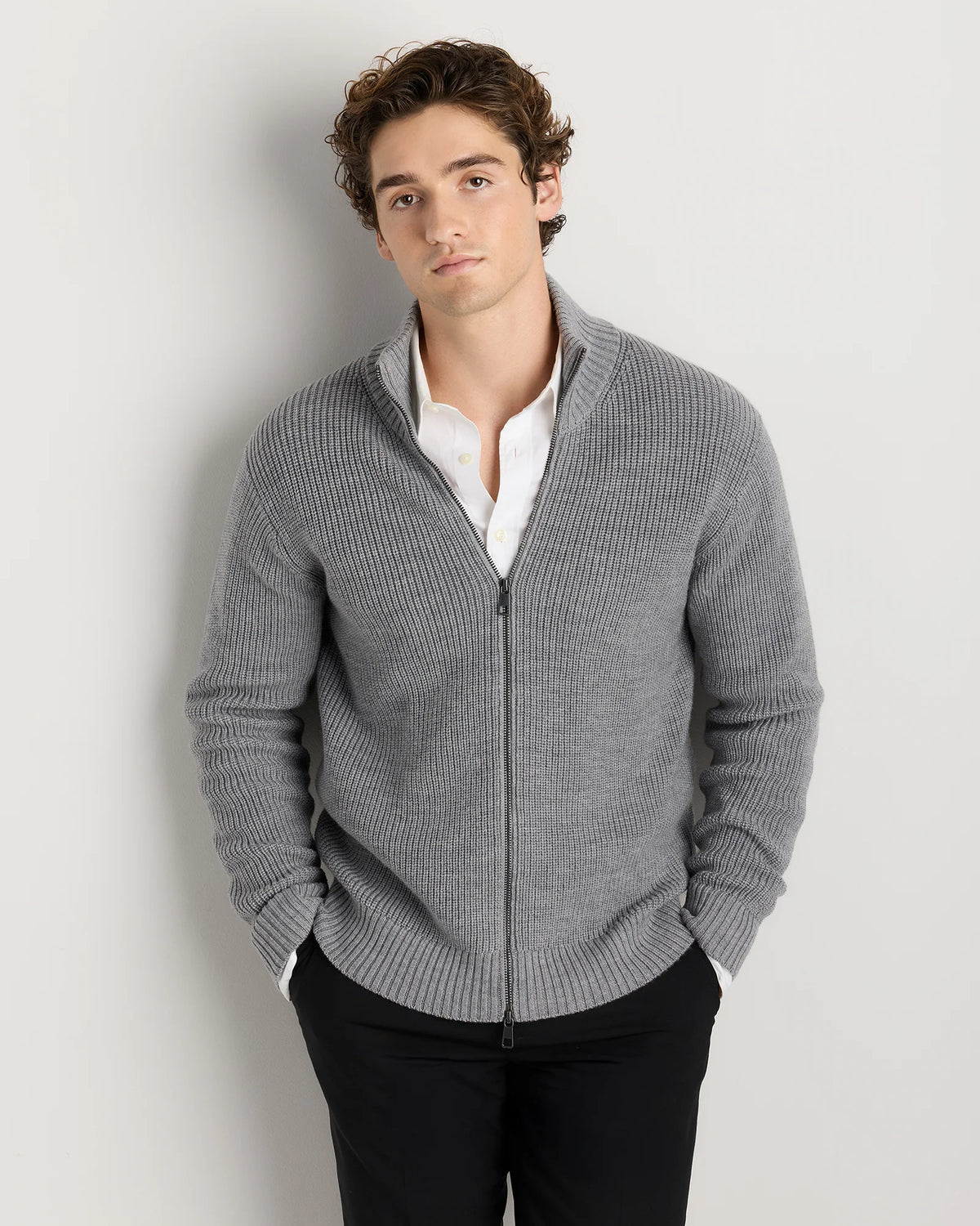 Australian Merino Wool Full Zip Sweater - S / Heather Bone