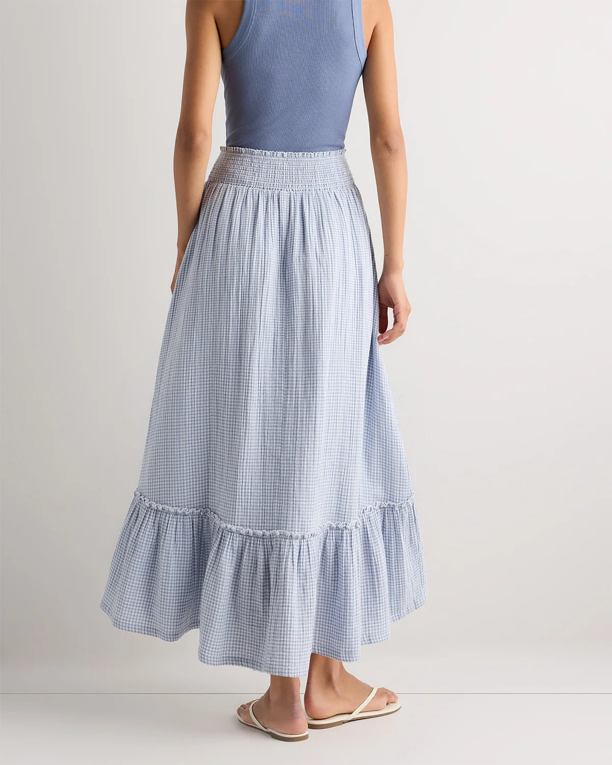 100% Organic Cotton Gauze Smocked Maxi Skirt - XS / Blue Gingham