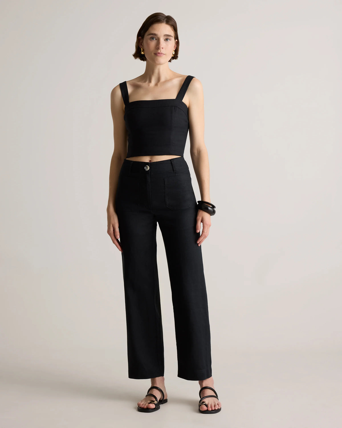 100% European Linen Patch Pocket Wide Leg Pants - 0 / Taupe Brown Chambray