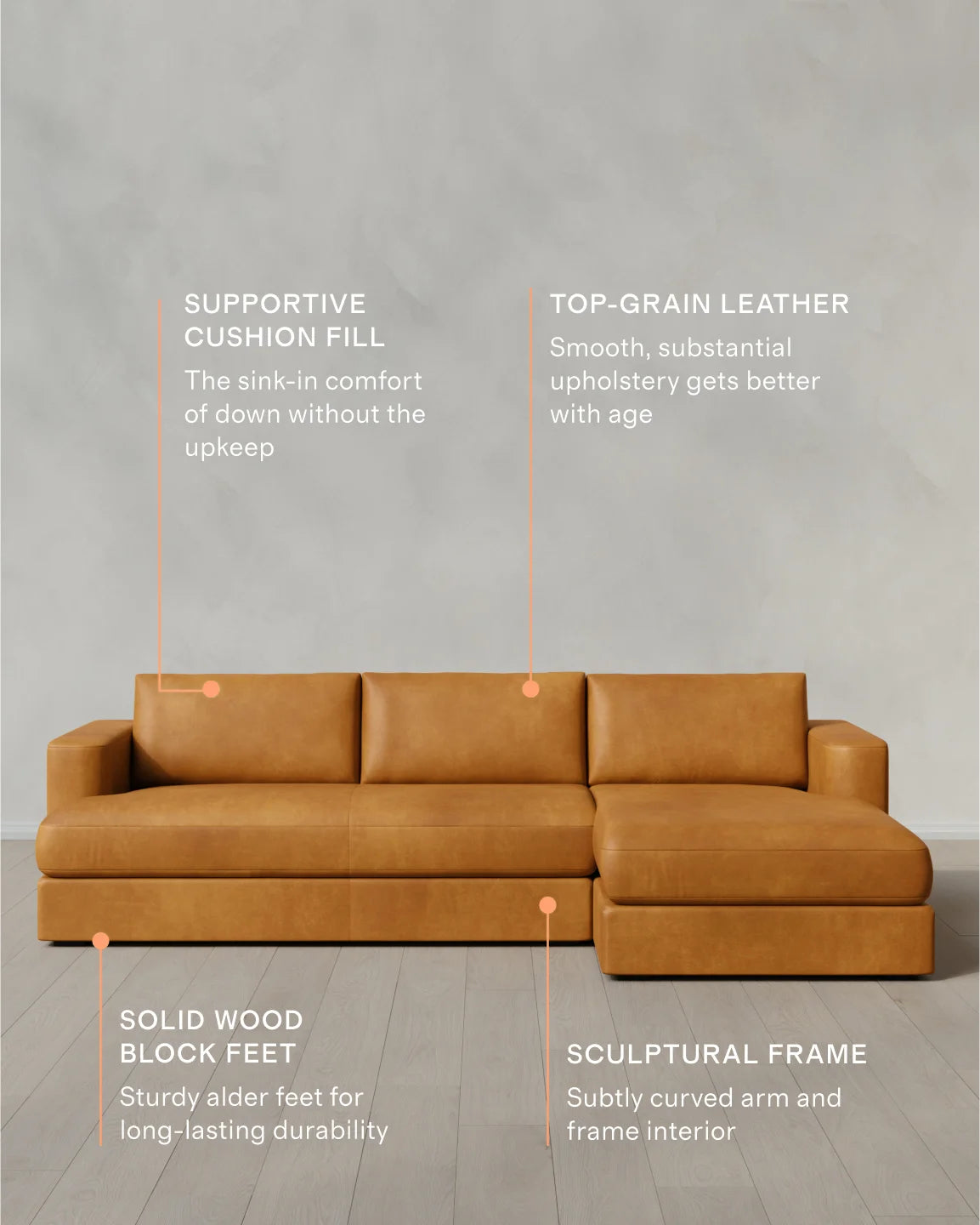 Sierra Curved Arm Chaise Sectional in Leather - Right Arm / Auburn