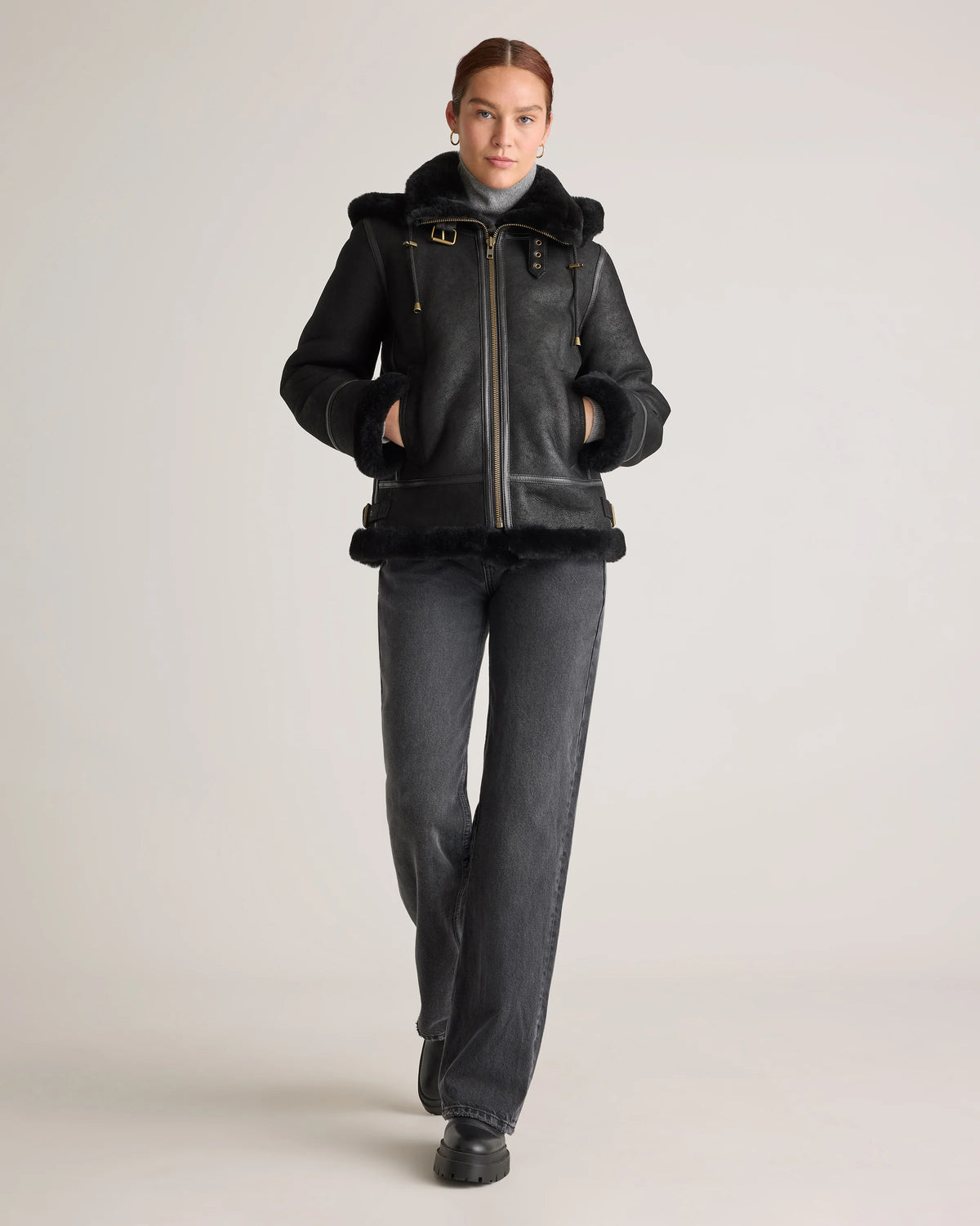 100% Shearling Cold Weather Bomber Jacket - XS / Black