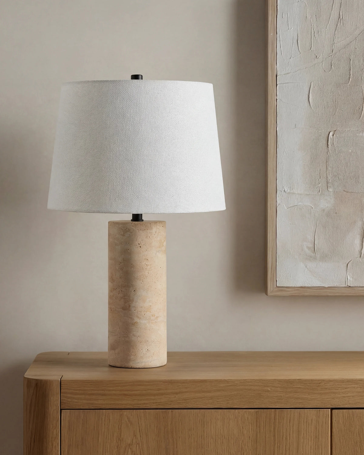 Travertine Table Lamp with Drum Shade - Column / Beige