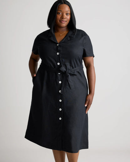 100% European Linen Button Front Dress - 1X / Blue Pinstripe