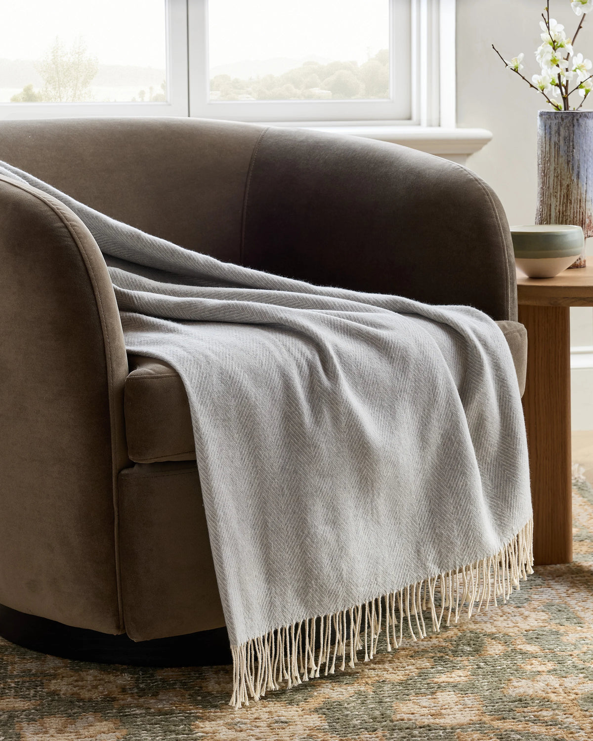 Lightweight Italian Cotton Herringbone Throw - One Size / Mushroom
