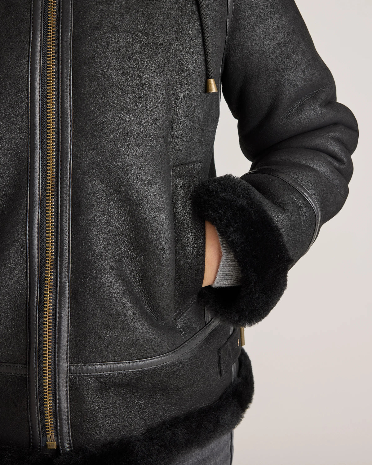 100% Shearling Cold Weather Bomber Jacket - XS / Black
