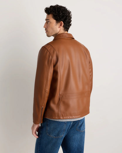 100% Washed Leather Moto Jacket - S / Dark Cognac Brown