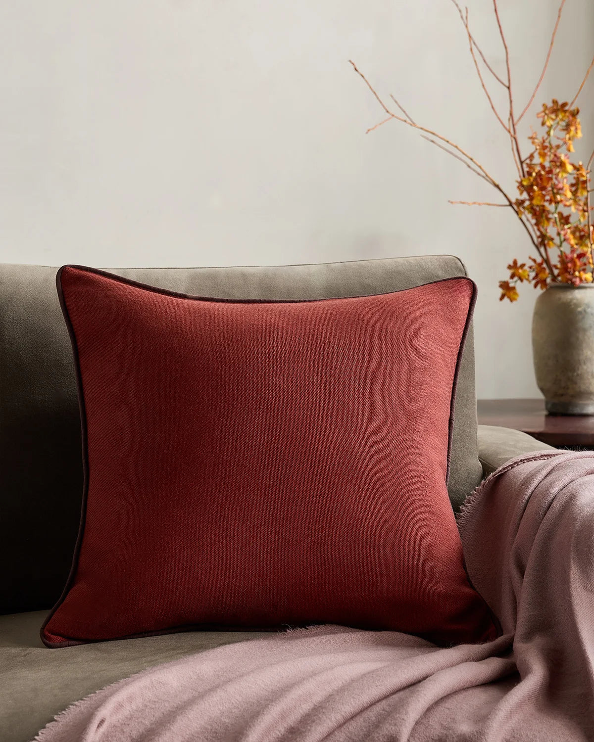 Contrast Piped Wool Pillow Cover - 20x20 / Brick Red/Espresso
