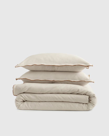 European Linen Double Embroidered Edge Duvet Cover Set - Twin / Sand with Terracotta Embroidery