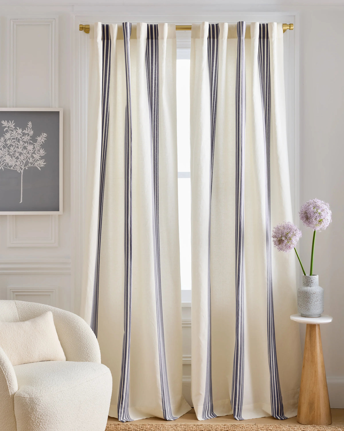 Coastal Stripe Linen Cotton Curtain - Single Panel - 48x84 / Ivory/Fog