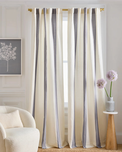 Coastal Stripe Linen Cotton Curtain - Single Panel - 48x84 / Ivory/Fog