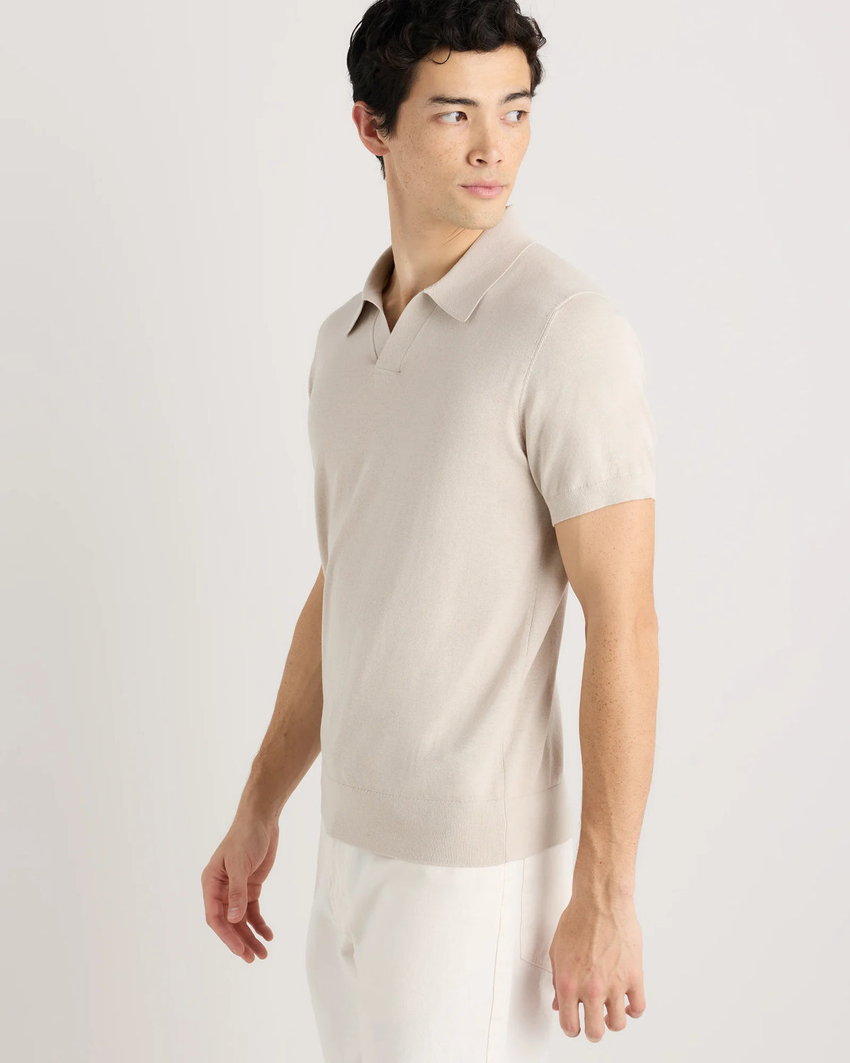 Cotton-Silk Johnny Collar Polo - S / Speckled Beige