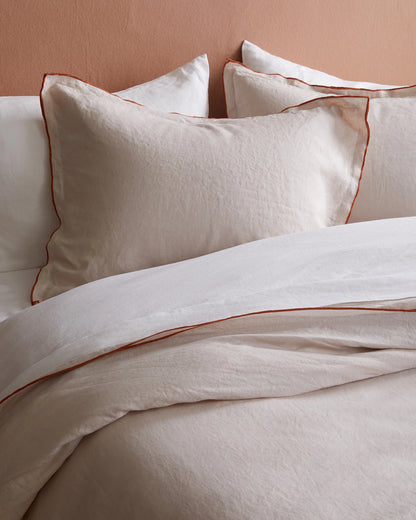 European Linen Double Embroidered Edge Sham Set - Standard / White with Black Embroidery