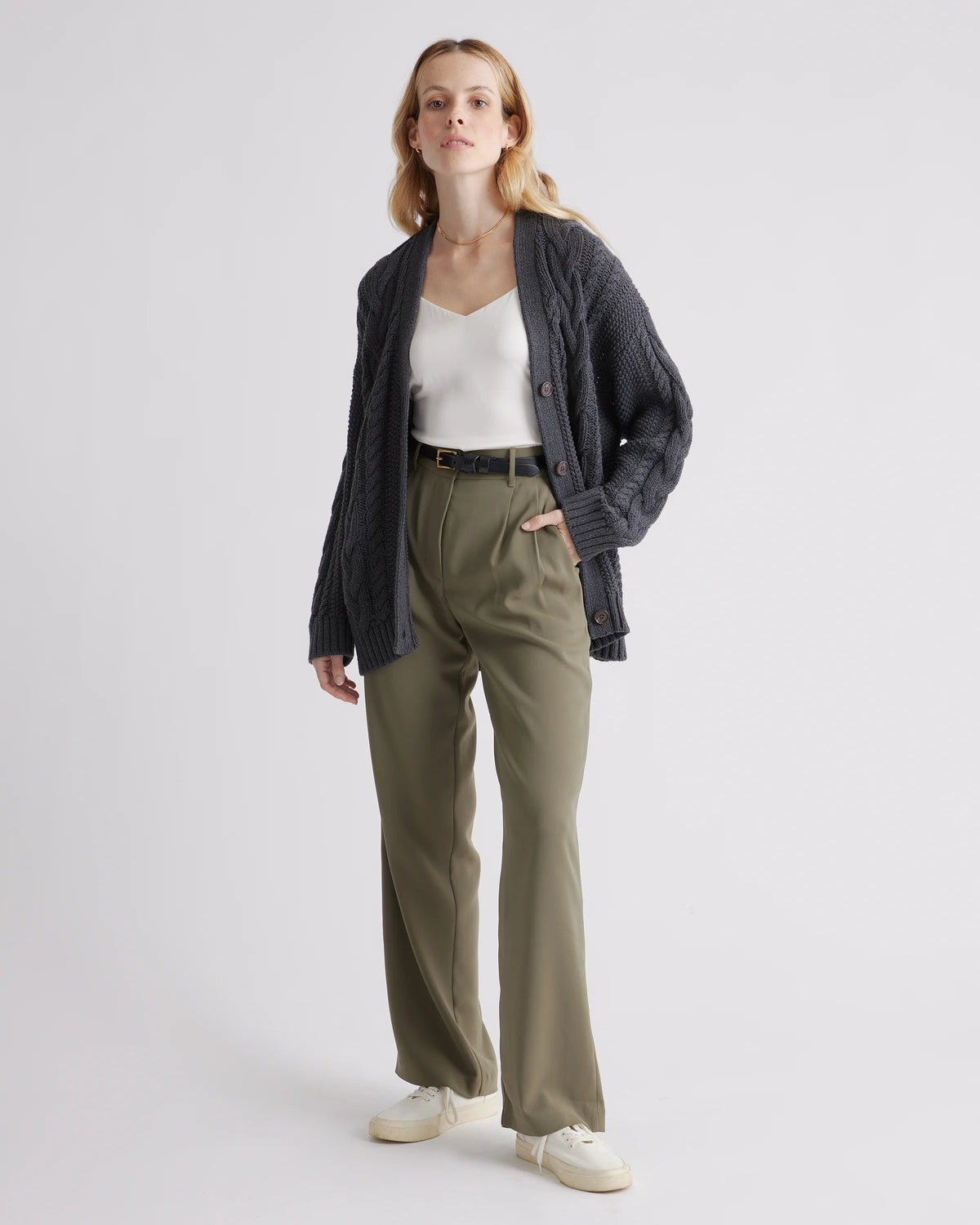 100% Organic Cotton Oversized Cable Cardigan - XS / Heather Brown